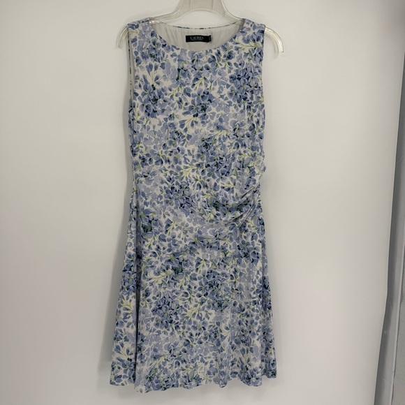 Lauren Ralph Lauren Ruched Sheath Dress Size 12 Floral Sleeveless Stretch Purple - Picture 10 of 10